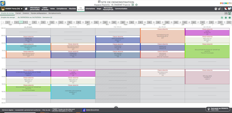 Capture d'écran de l'agenda Pronote