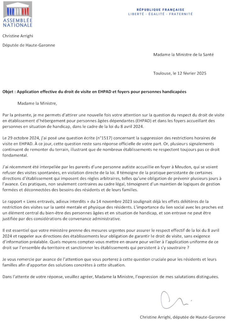 Courrier de la députée Christine Arrighi à la ministre de la Santé