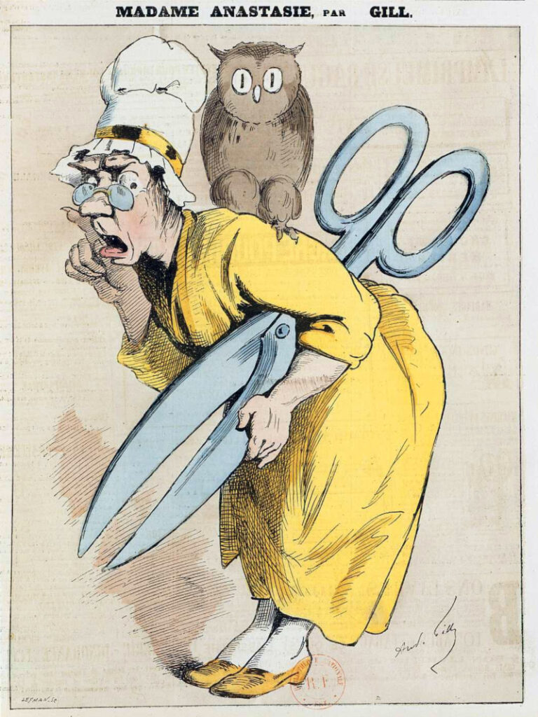 Madame Anastasie. Caricature d’André Gill parue en 1874 dans le journal satirique L'Éclipse - BNF, Domaine public