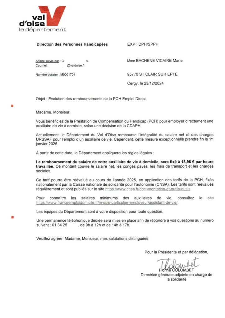 Lettre du Conseil Départemental du Val d'Oise annonçant la baisse du taux horaire de PCH