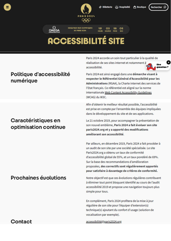 Page d'accessibilité de Paris2024 en février 2024