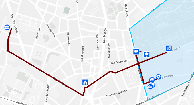 Plan du parcours prioritaire et périmètre du QAA du 5e arrondissement